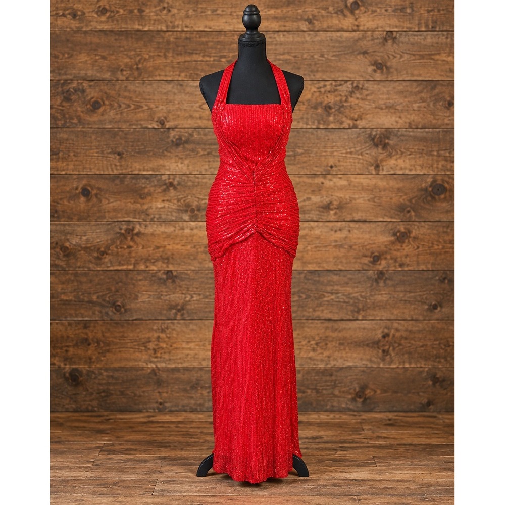 Formal Dress Red Sequin Halter Neck Ruched Prom Gown with Train Size 6